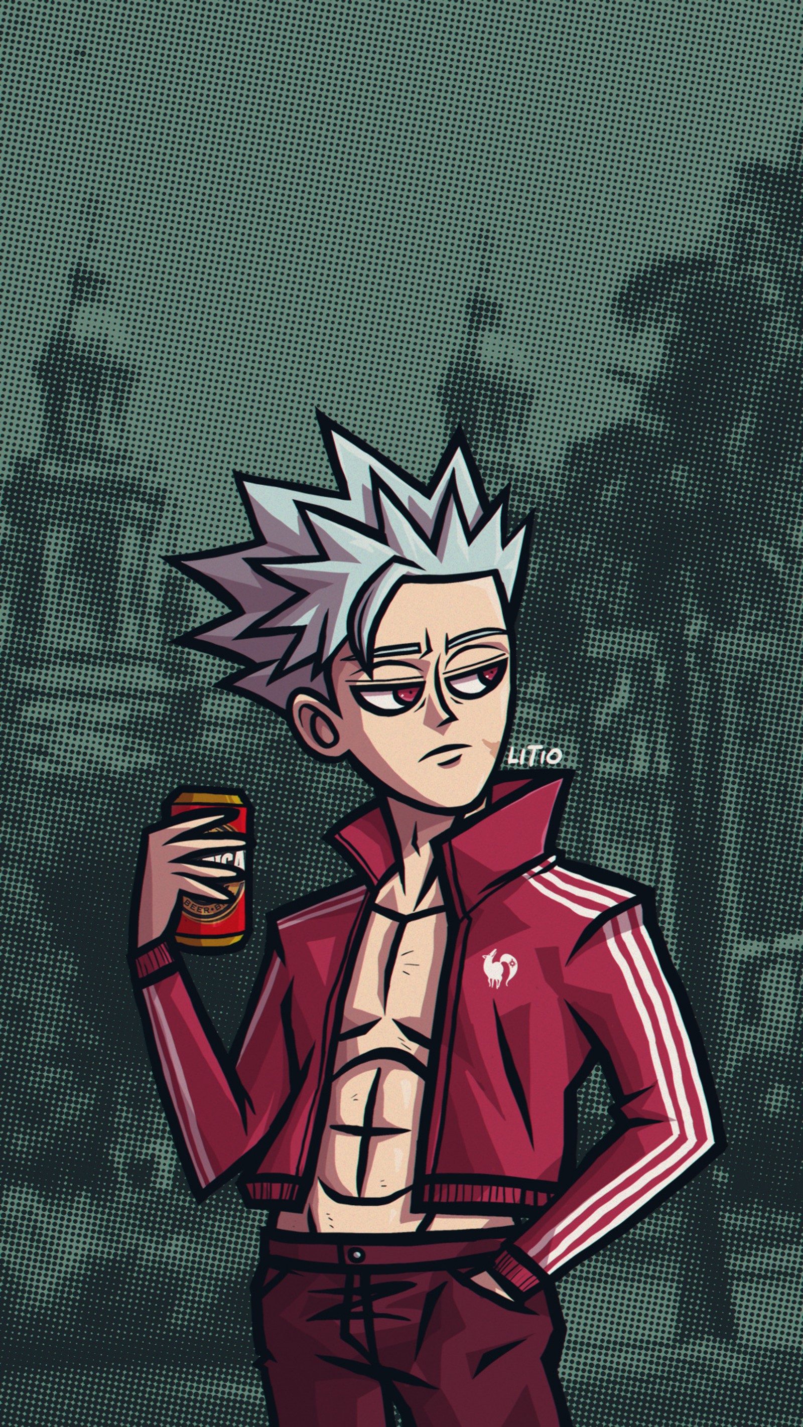 Un dibujo animado de un hombre con chaqueta roja sosteniendo una lata de refresco (anime, prohibición, litioo, los siete pecados capitales, nanatzu no taizai)