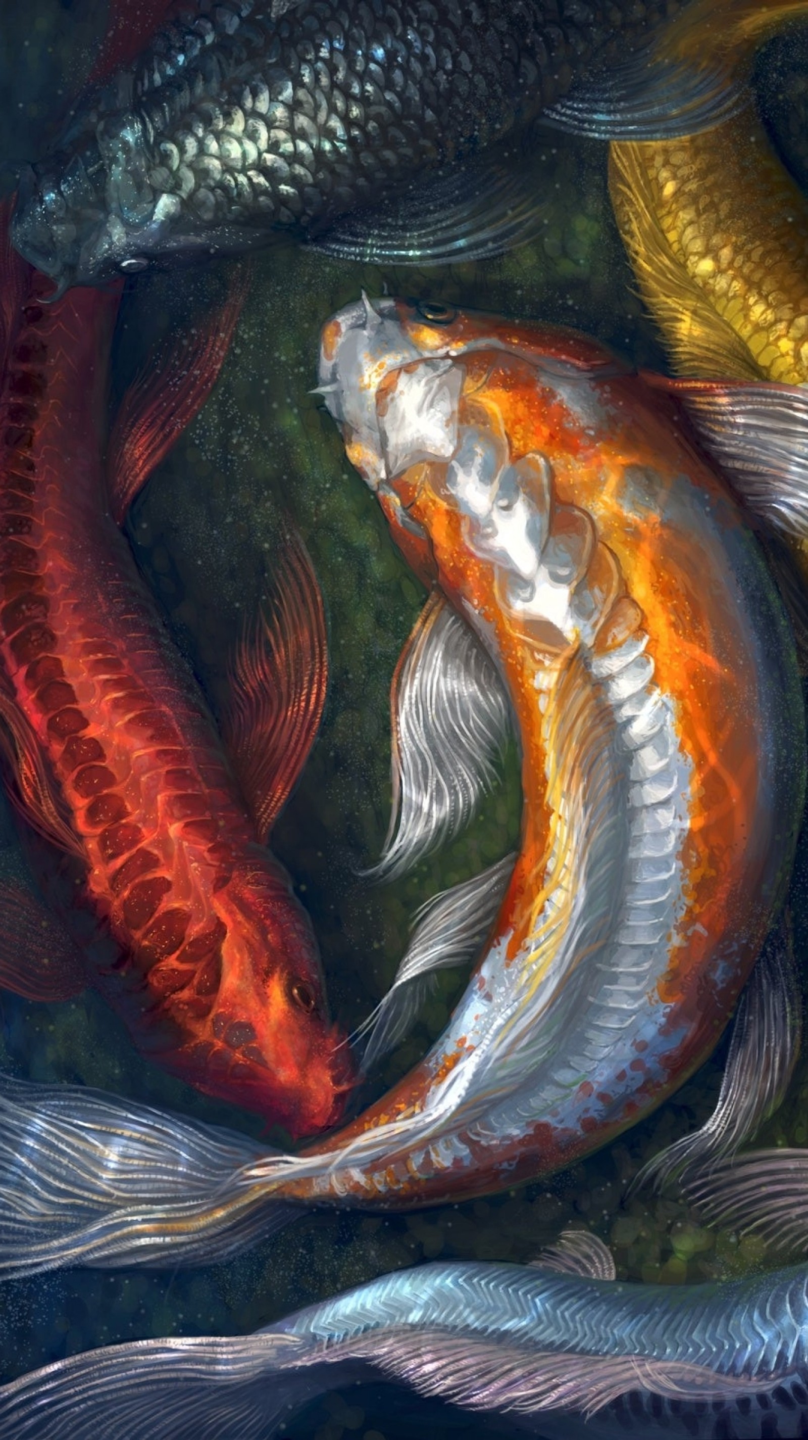 There are many different colored fish swimming in a pond (dragon, koi)