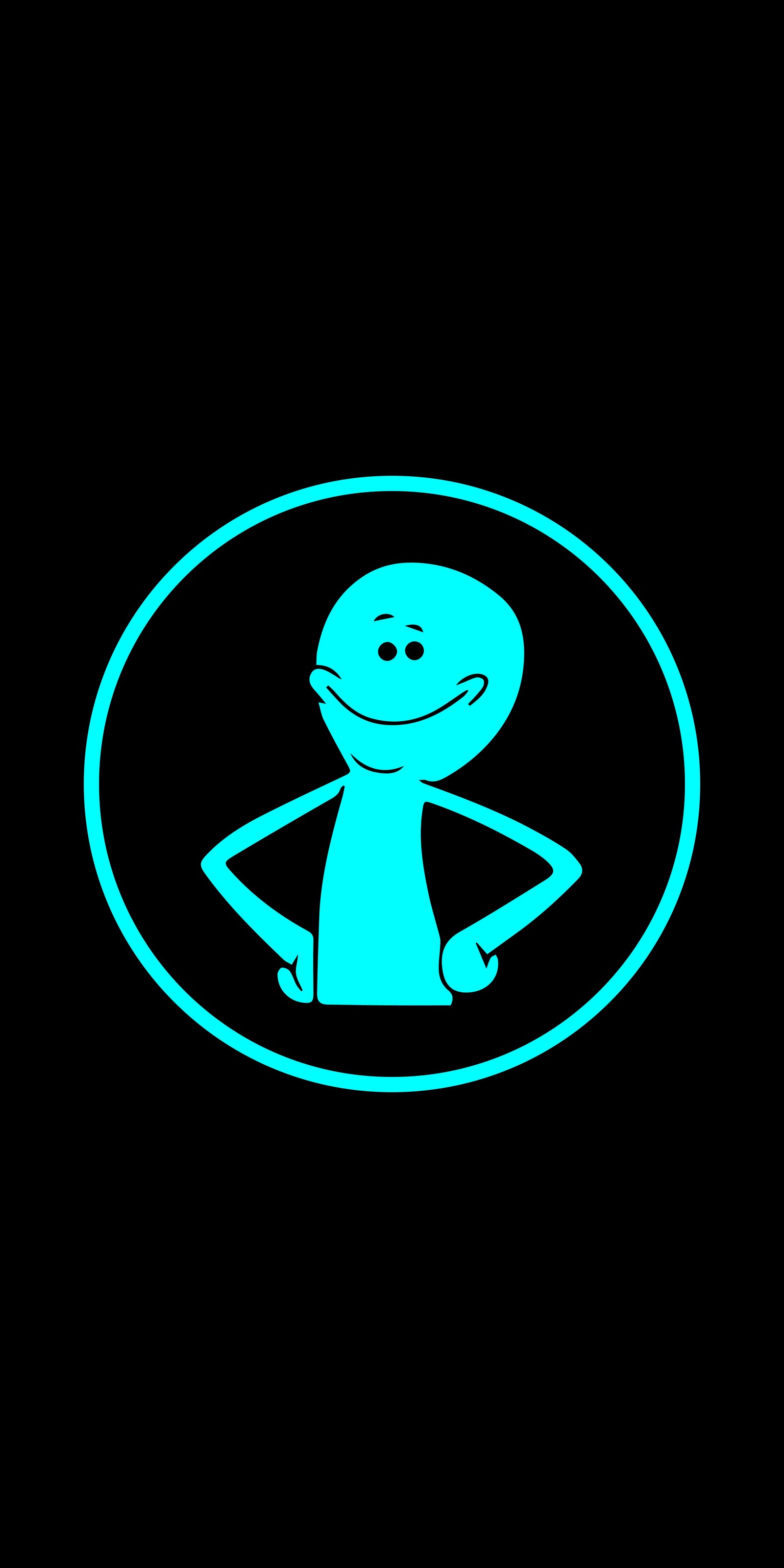 Un primer plano de una persona en un círculo azul con un fondo negro (caricatura, rick y morty, rick and morty, fondo de pantalla, zedge)