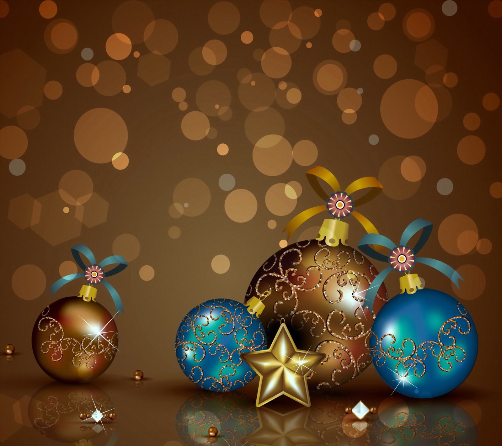 Christmas balls and stars on a shiny background with bokeh lights (balls, christmas, decoration, merry)