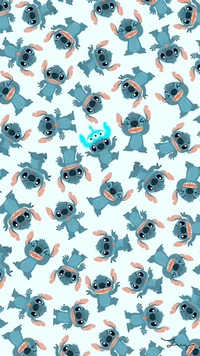 Repeating pattern of Stitch from "Lilo & Stitch" in various playful poses against a light blue background.