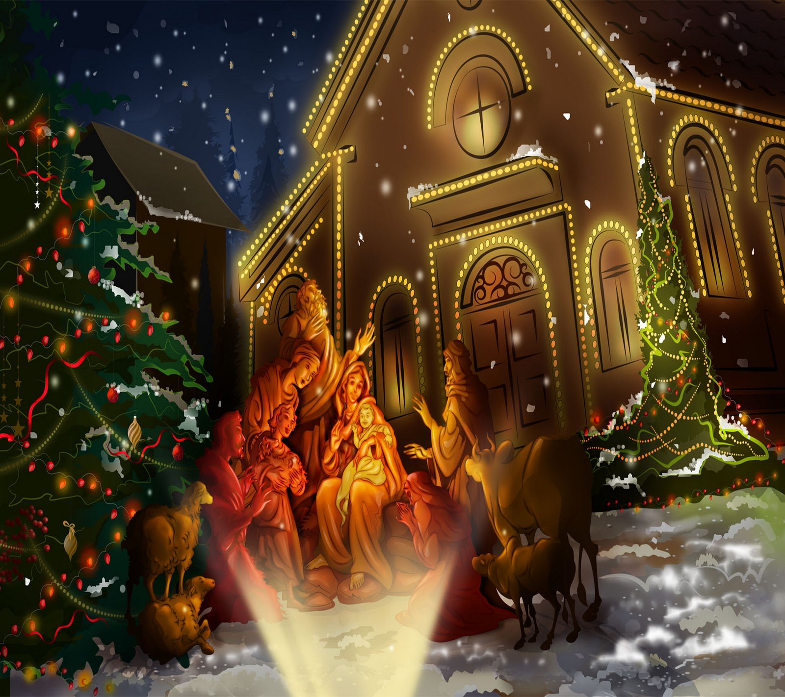 Christmas scene with a nativity scene in front of a church (christmas, christmas tree, holiday, jesus, lamb)