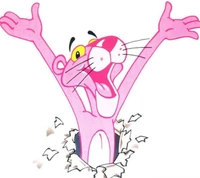 The Pink Panther celebrating joyfully, bursting through a wall of paper.