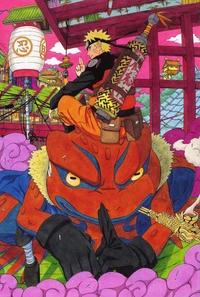 Naruto montando Gamabunta em uma cena vibrante de mangá