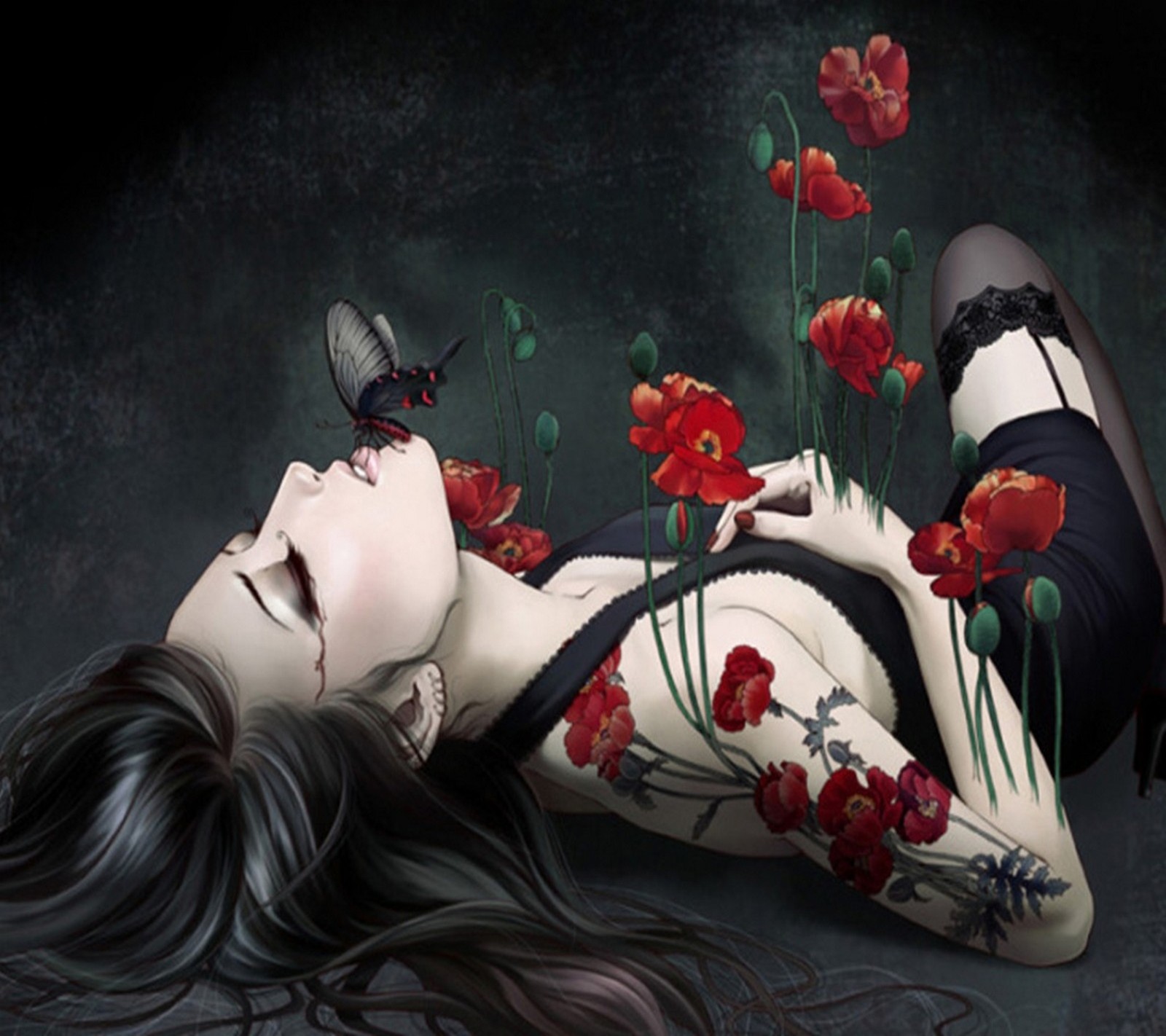 There is a woman laying on the ground with a butterfly on her shoulder (beauty, black, dark, design, floral)