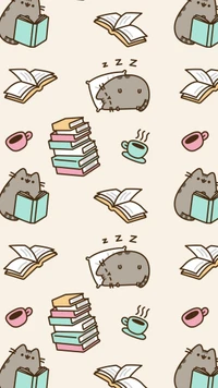 Gato Pusheen se aconchegando com livros e café