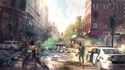 Campo de batalha urbano pós-apocalíptico em "The Division 2" com agentes navegando por uma paisagem urbana devastada.