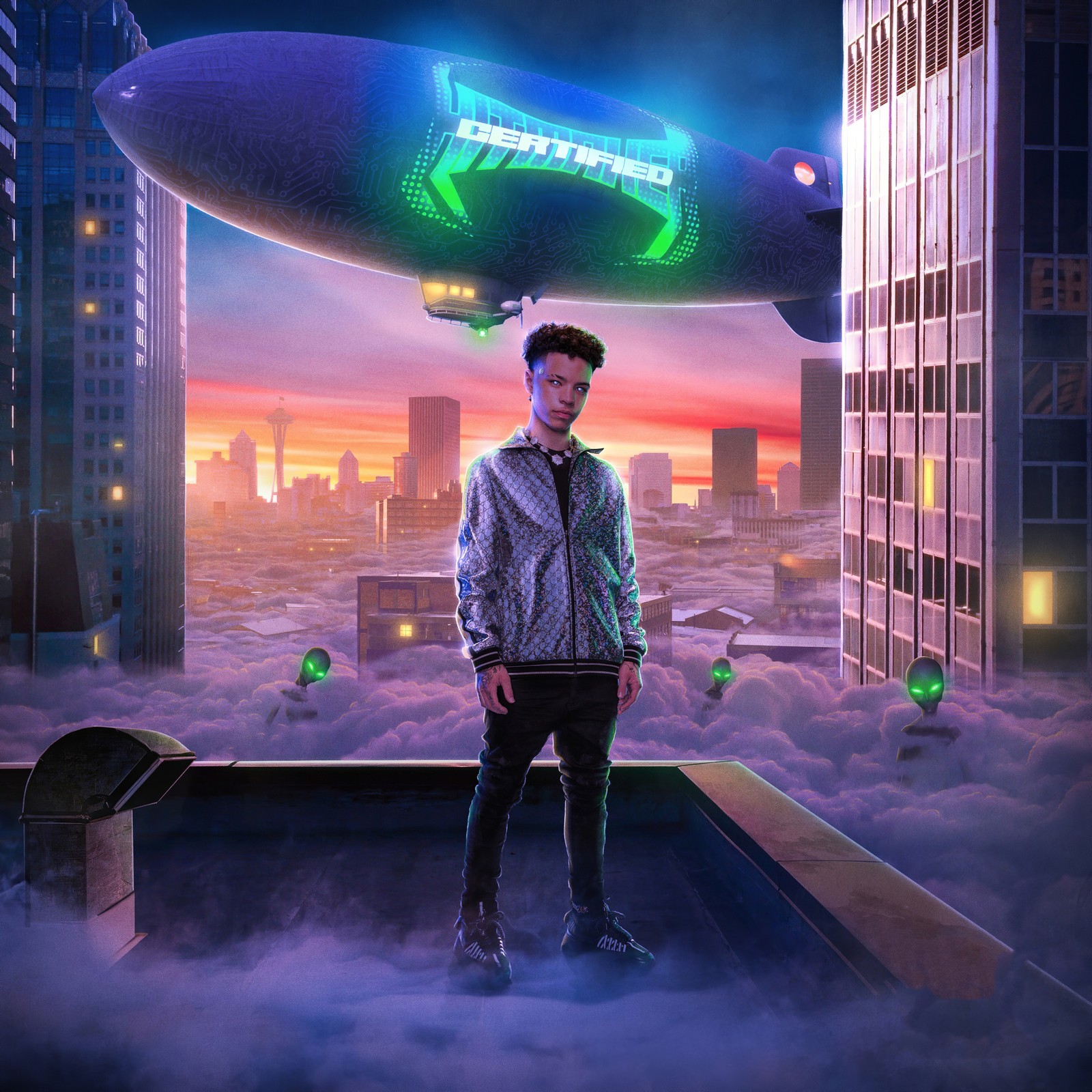 There is a man standing on a rooftop with a large balloon above him (lil mosey, dope, american rapper, metropolis, music)