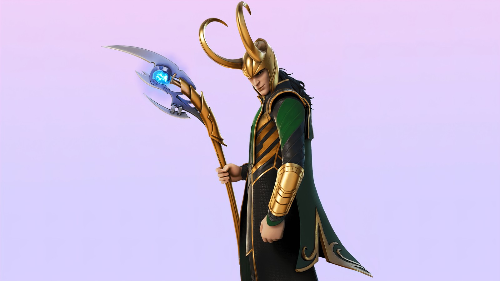 Loki the avengers is holding a spear and a glowing light (fortnite, video game, skin, loki, scepter)