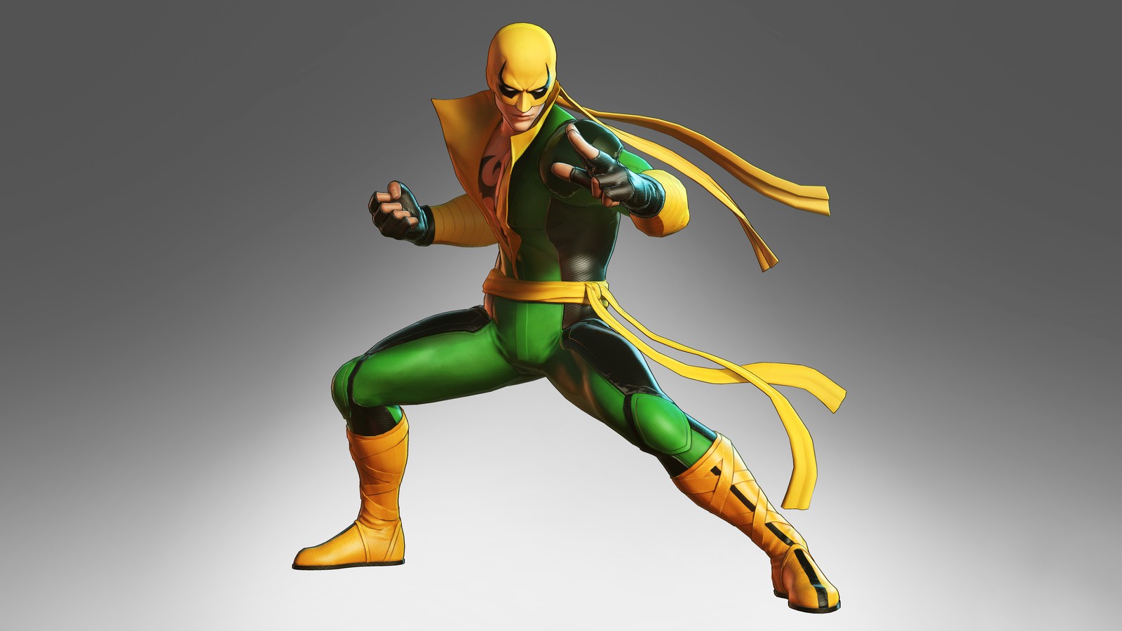 A close up of a person in a green and yellow outfit (iron fist, marvel ultimate alliance 3, marvel ultimate alliance 3 the black order, video game)