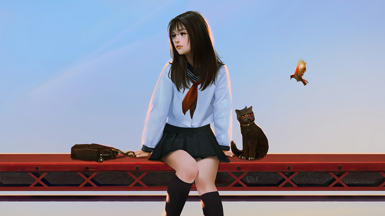 Il y a une femme assise sur un banc avec un chat et un oiseau (anime, étudiant, école, filles, art numérique)