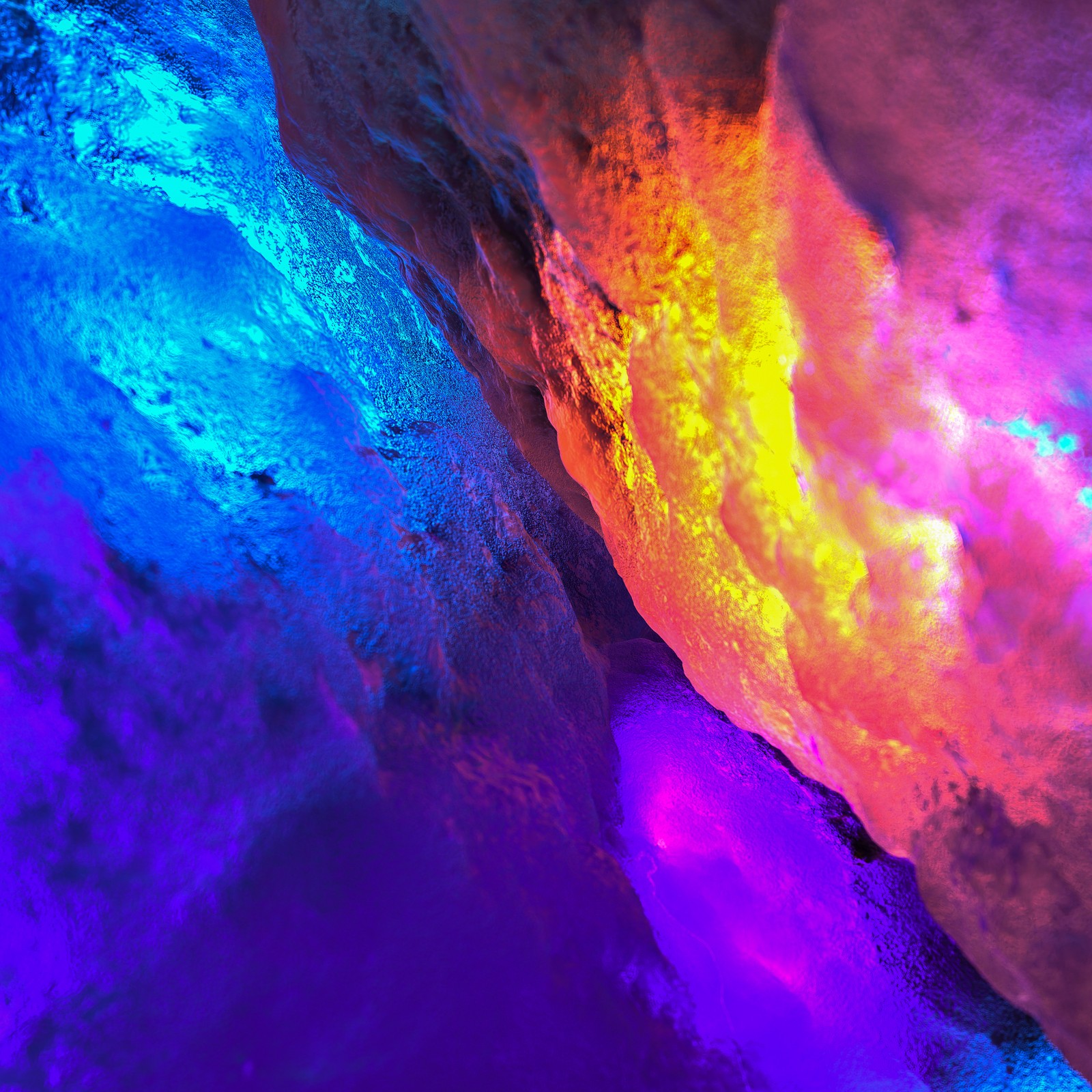 Brightly lit cave with colorful rocks and water in it (3d art, texture, glowing, macro, colorful background)