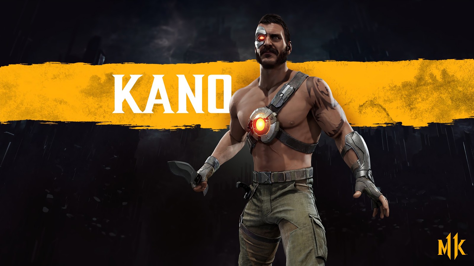 A man with a beard and a knife in a dark room (kano, mortal kombat 11, video game)