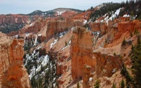 Stunning rock formations and cliffs in Bryce Canyon National Park, showcasing unique geological features amidst a backdrop of wilderness and shrubland.