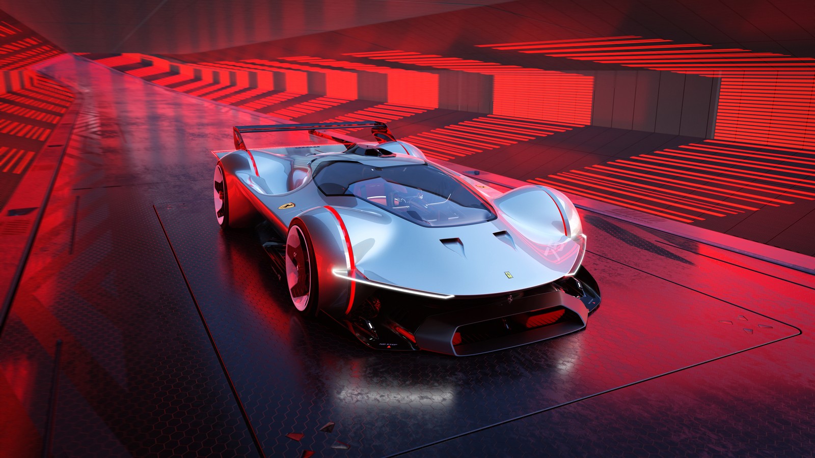 Gros plan d'une voiture sur une scène avec des lumières rouges (ferrari vision gran turismo, gran turismo 7, voitures conceptuelles, voitures de course hybrides, 5k)