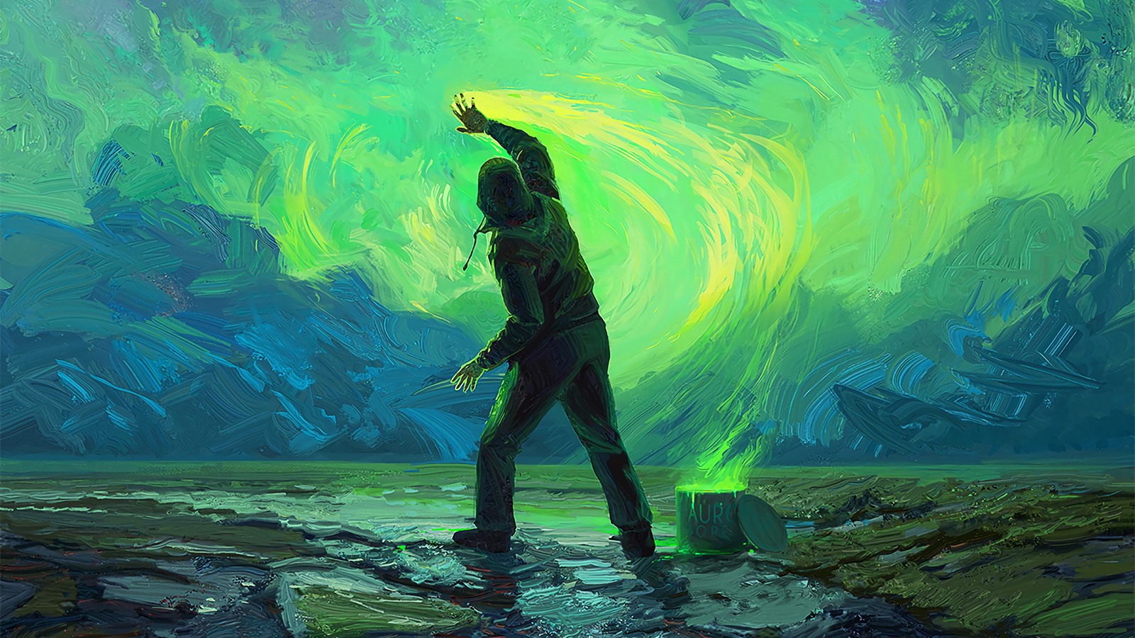 Painting of a man standing in the water with his arms up (painting, art, abstract art, the starry night, people in nature)