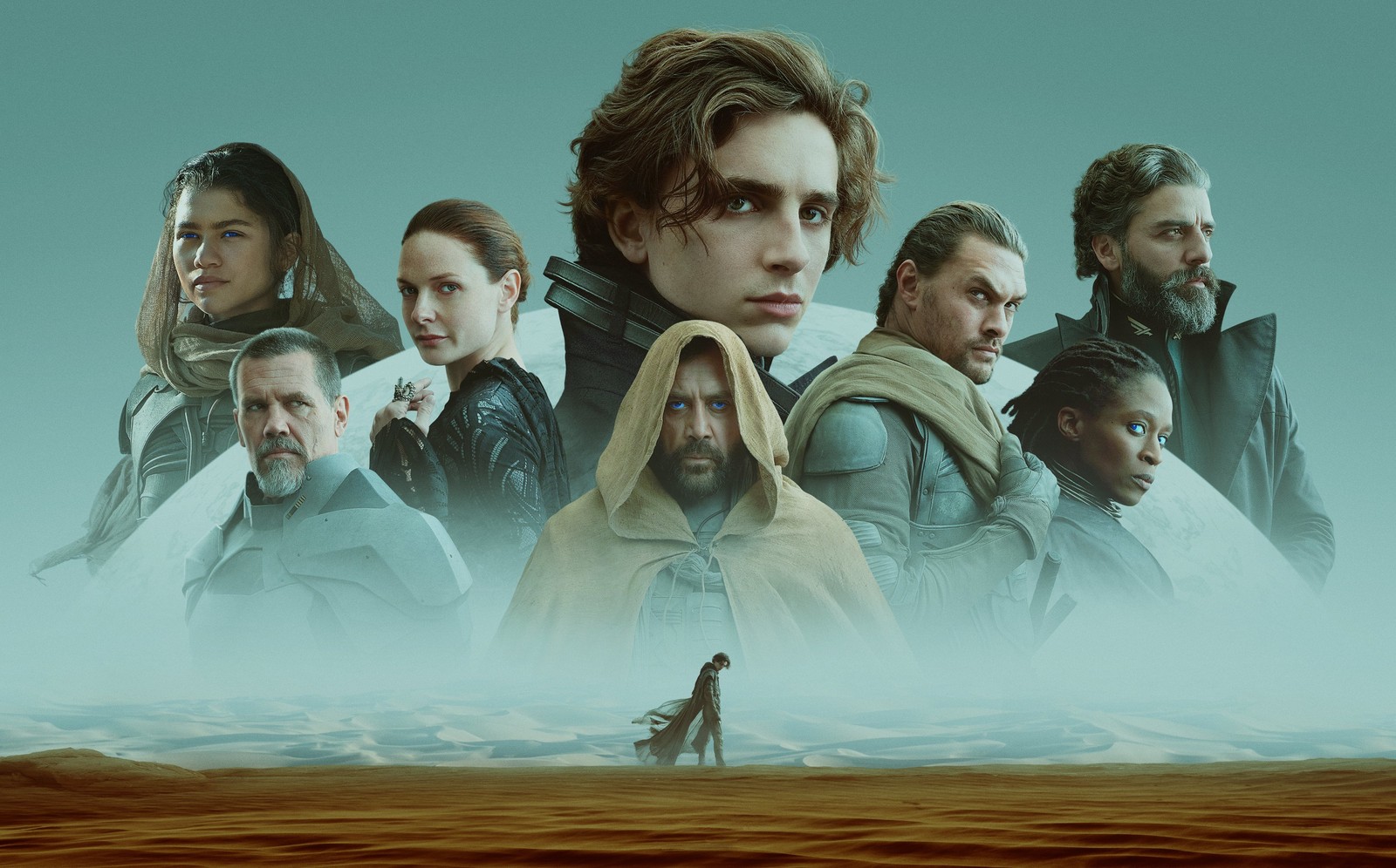 Un grupo de personas de pie frente a un desierto (duna, dune, cartel de película, películas de 2021, 2021 movies)