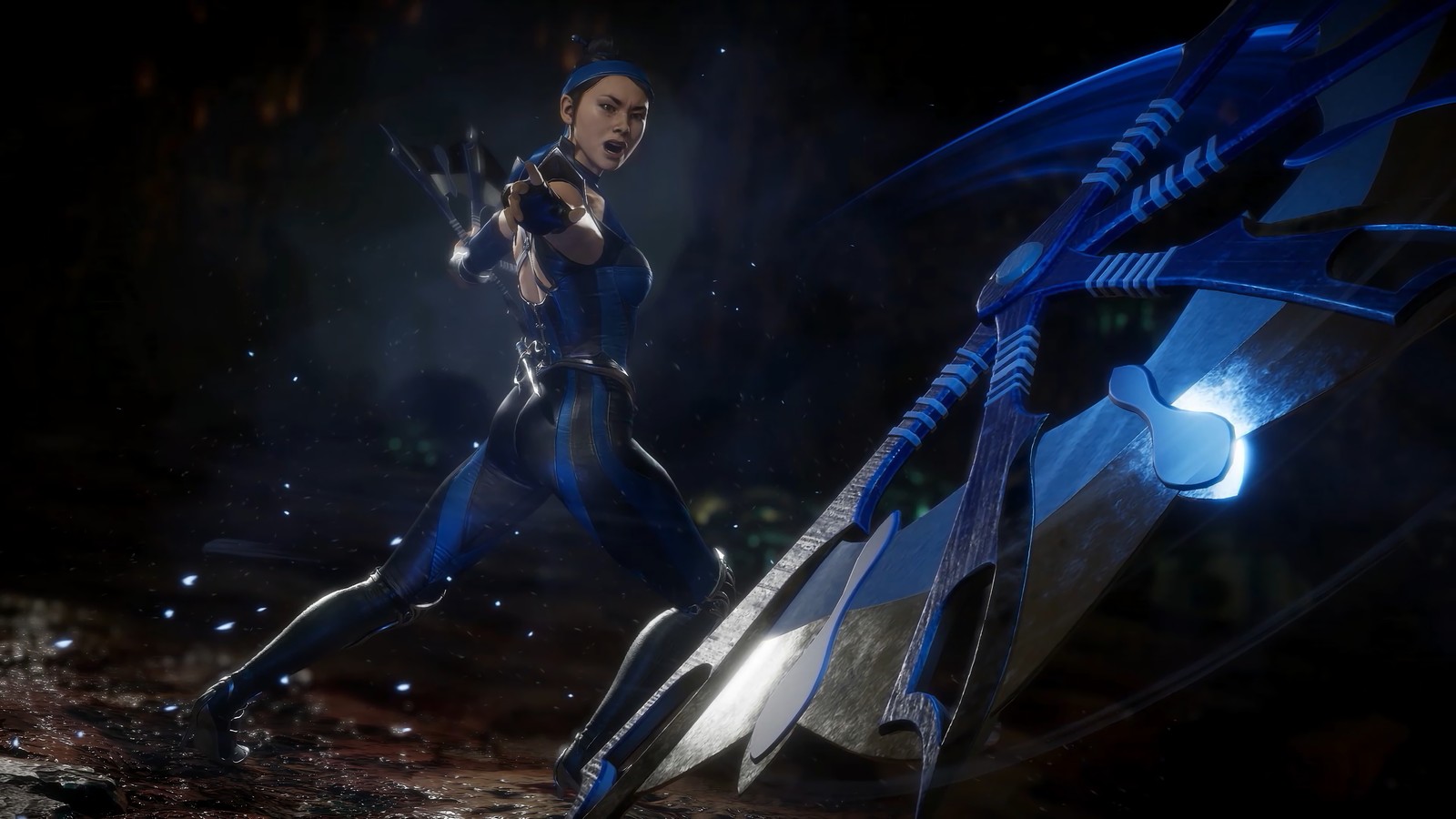 Una mujer con un traje azul sosteniendo una espada en una habitación oscura (kitana, mortal kombat 11, videojuego)