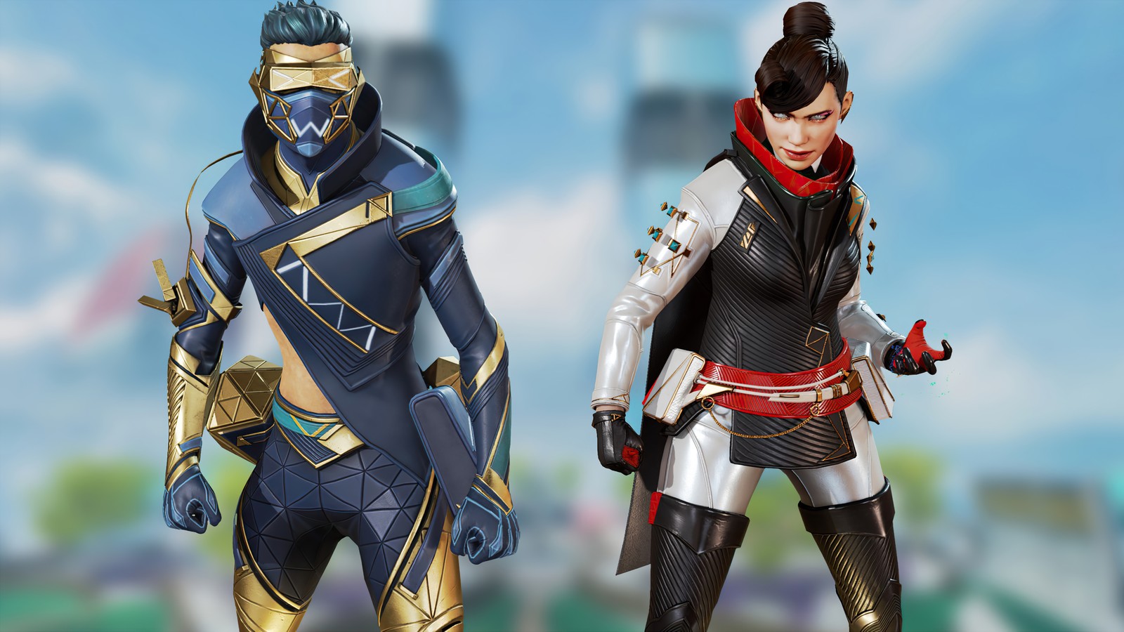 Dos versiones diferentes de los personajes del juego overwatch (apex legends, videojuego, temporada 7, season 7, pase de batalla)