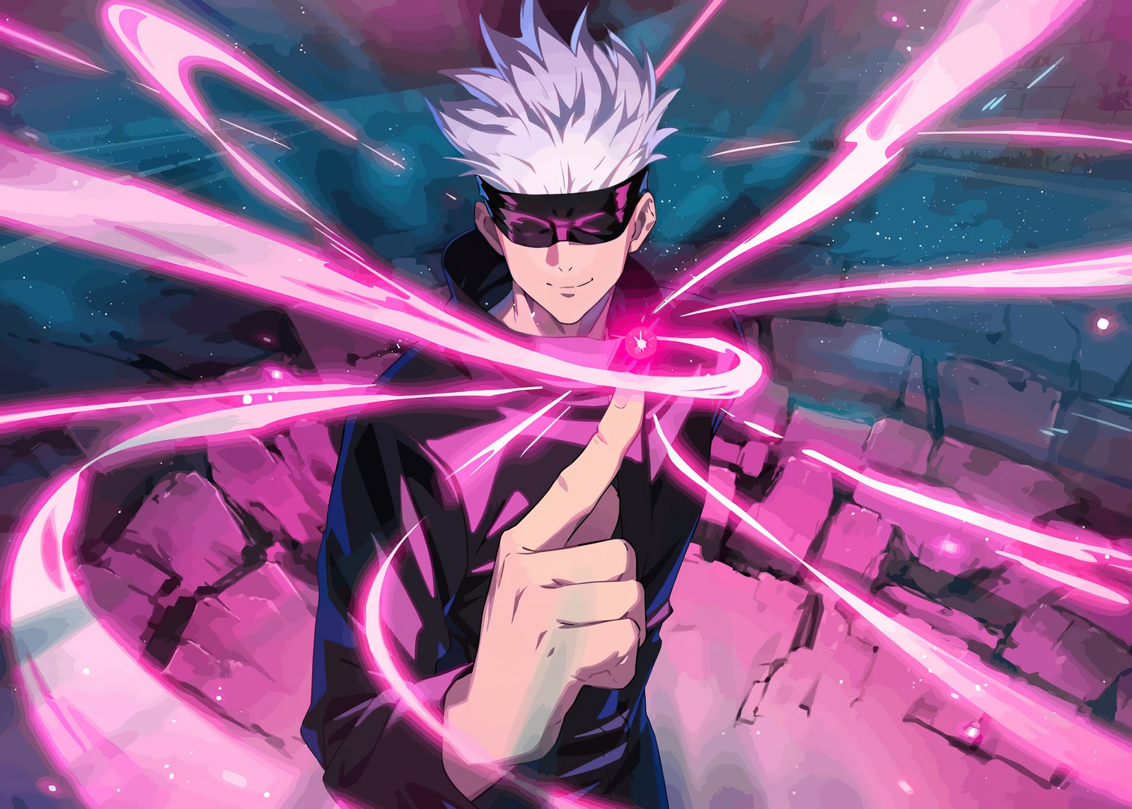 Personaje de anime con cabello blanco y gafas negras sosteniendo una luz rosa (satoru gojo, jujutsu kaisen, serie de manga, anime, fondo de pantalla 4k)