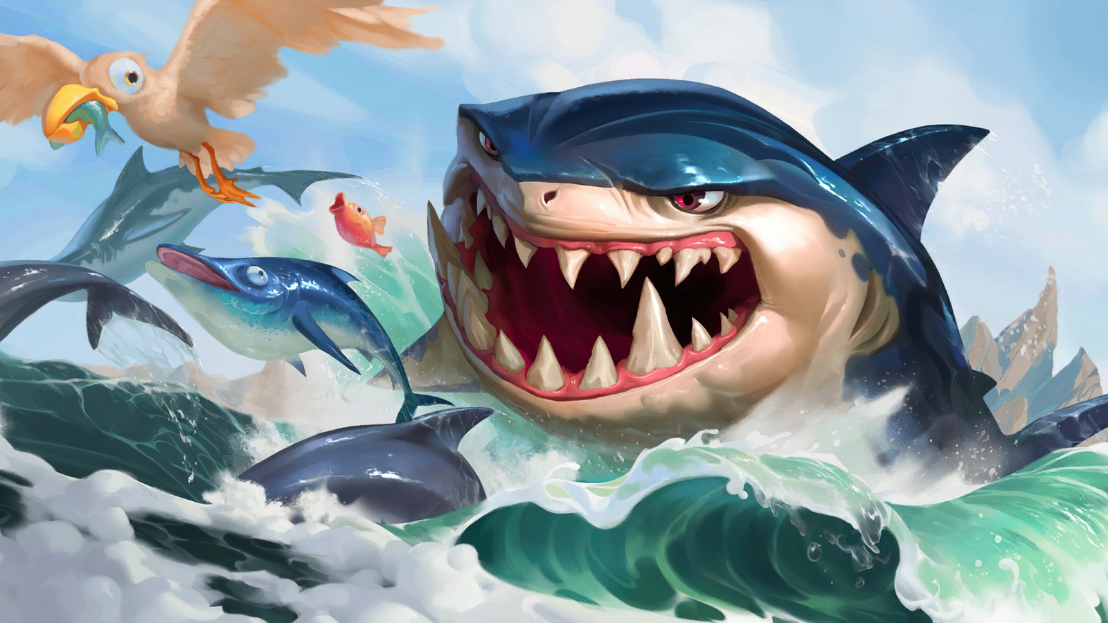 Un requin avec un oiseau sur son épaule et un oiseau dans son dos (chum the waters, legends of runeterra, jeu vidéo)