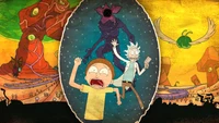 Morty and Rick face a cosmic threat amidst a vibrant, surreal landscape.