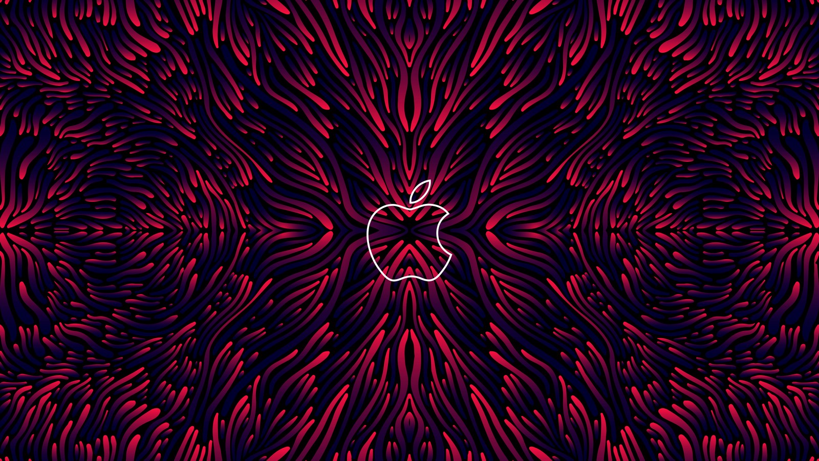 A red apple logo on a black background with red swirls (apple logo, abstract background, 5k, 8k, dark red)