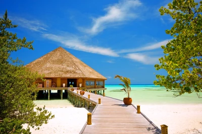 Resort tropical frente a la playa con cabaña sobre el agua y camino escénico