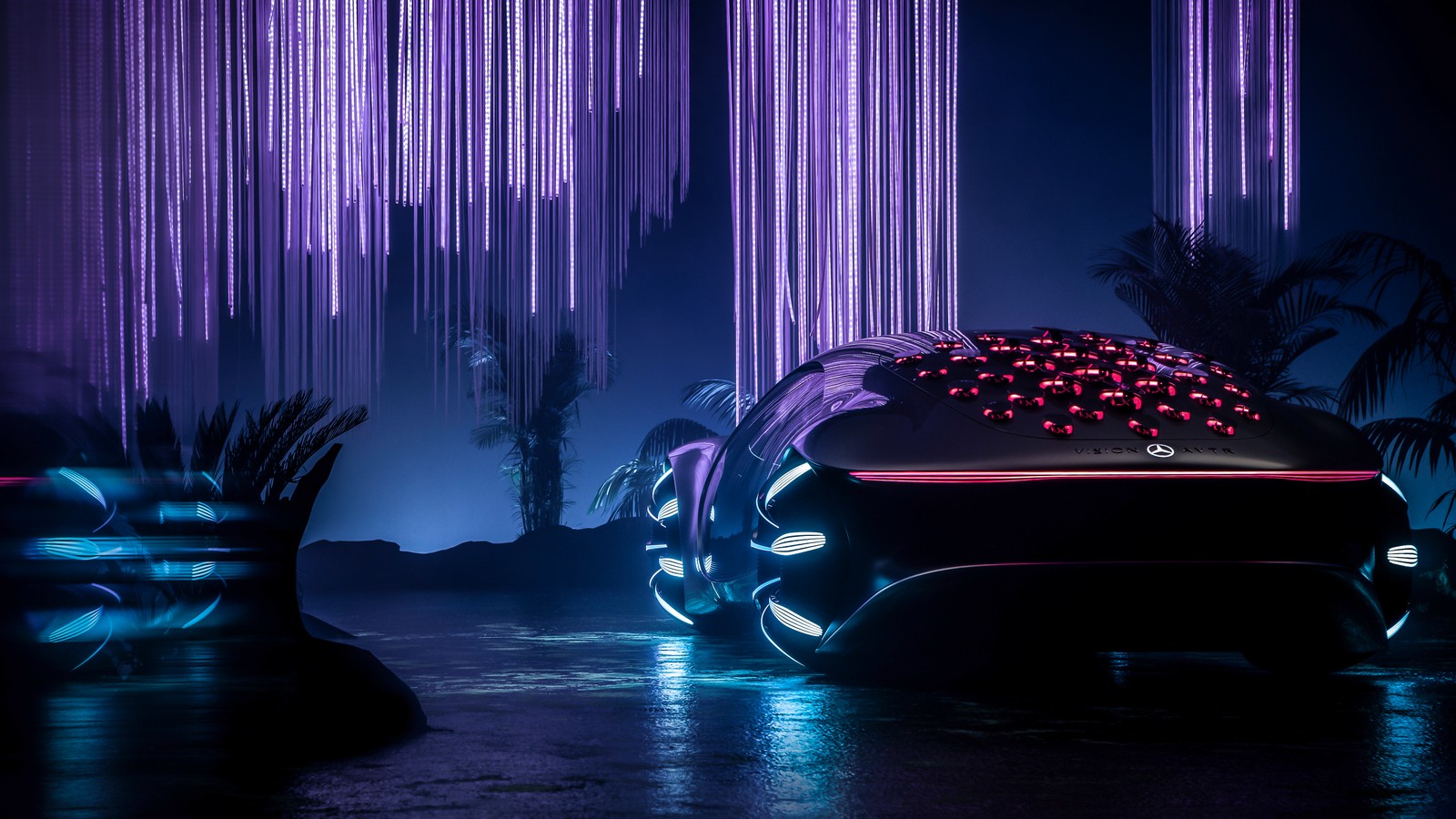 A futuristic car with a glowing wheel and lights on it (mercedes benz vision avtr, ev concept, electric cars, concept cars, 2020)