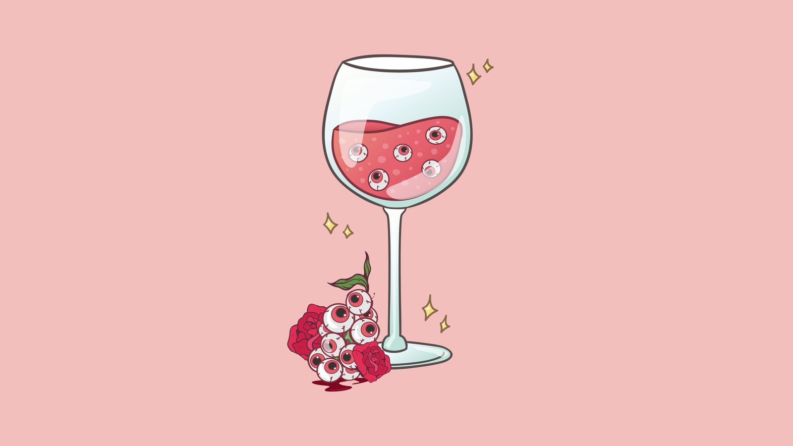 Un dibujo animado de una copa de vino con una rosa al lado (weirdcore, estética, vino, fondo pastel, rosa bebé)