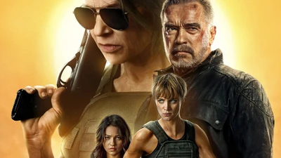 Filmplakat "Terminator: Dark Fate" mit wichtigen Charakteren und Besetzung