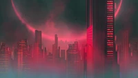 Futuristic metropolis skyline bathed in pink and red hues, featuring towering skyscrapers and a surreal celestial backdrop.