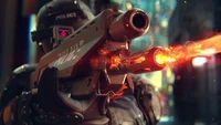 Dynamic Cyberpunk Action: Futuristic Soldier Firing Advanced Firearm