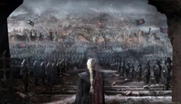 Daenerys Targaryen mirando un campo de batalla: una escena de arte conceptual dramático