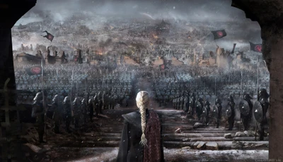 Daenerys Targaryen observando um campo de batalha: uma cena de arte conceitual dramática