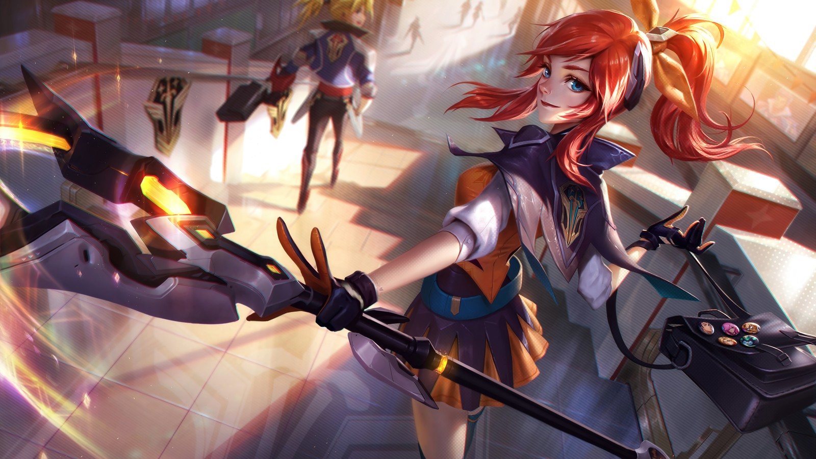 A woman with a sword and a sword in her hand (lux, battle academia, lol, skin, splash art)