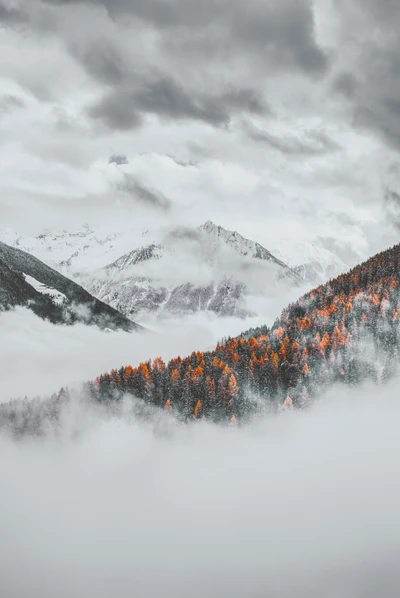 Cumbres otoñales: Un paisaje alpino brumoso con montañas cubiertas de nieve y follaje ardiente