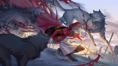 Anime Girl in Red Cloak Surrounded by Wolves in a Dynamic Battle Scene