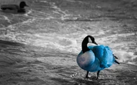 Vibrant Blue Goose Amidst Waves