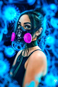 Brunette woman in neon mask amidst a digital virus backdrop.