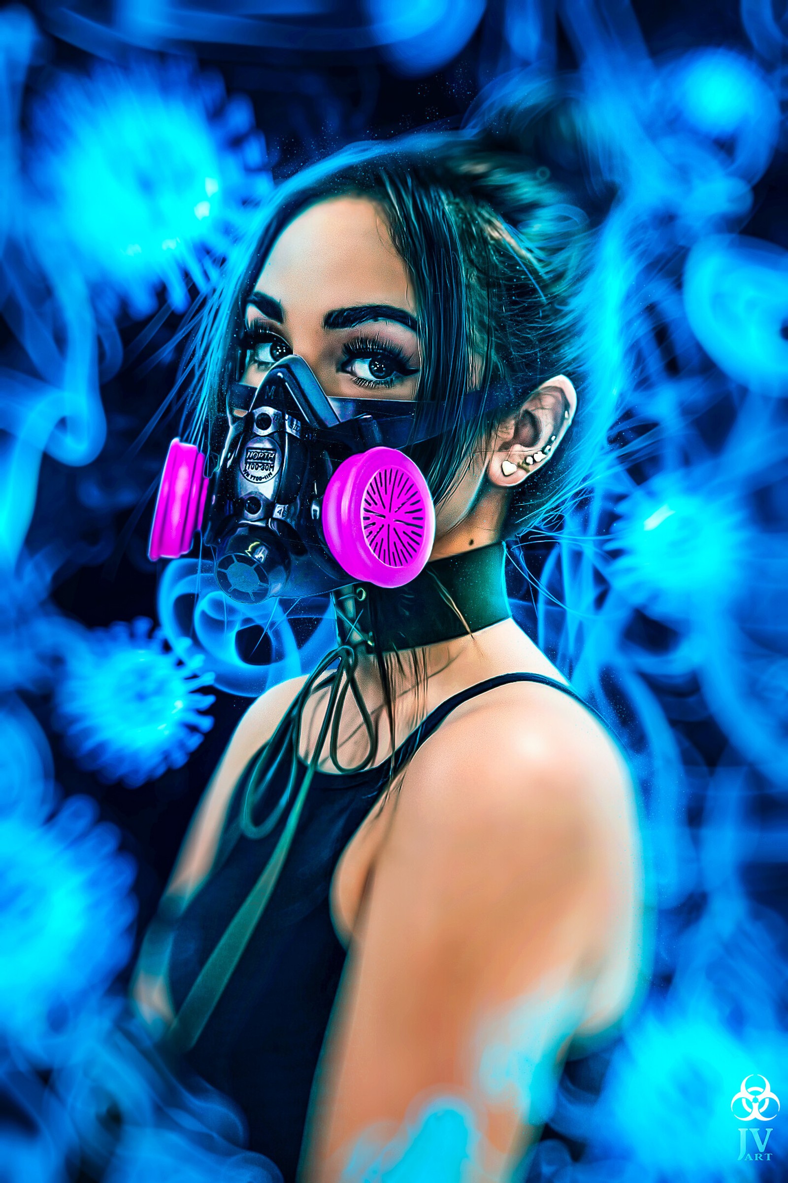 Arafed woman wearing a gas mask and a purple gas mask (brunette, girl, mask, neon, photoshop)