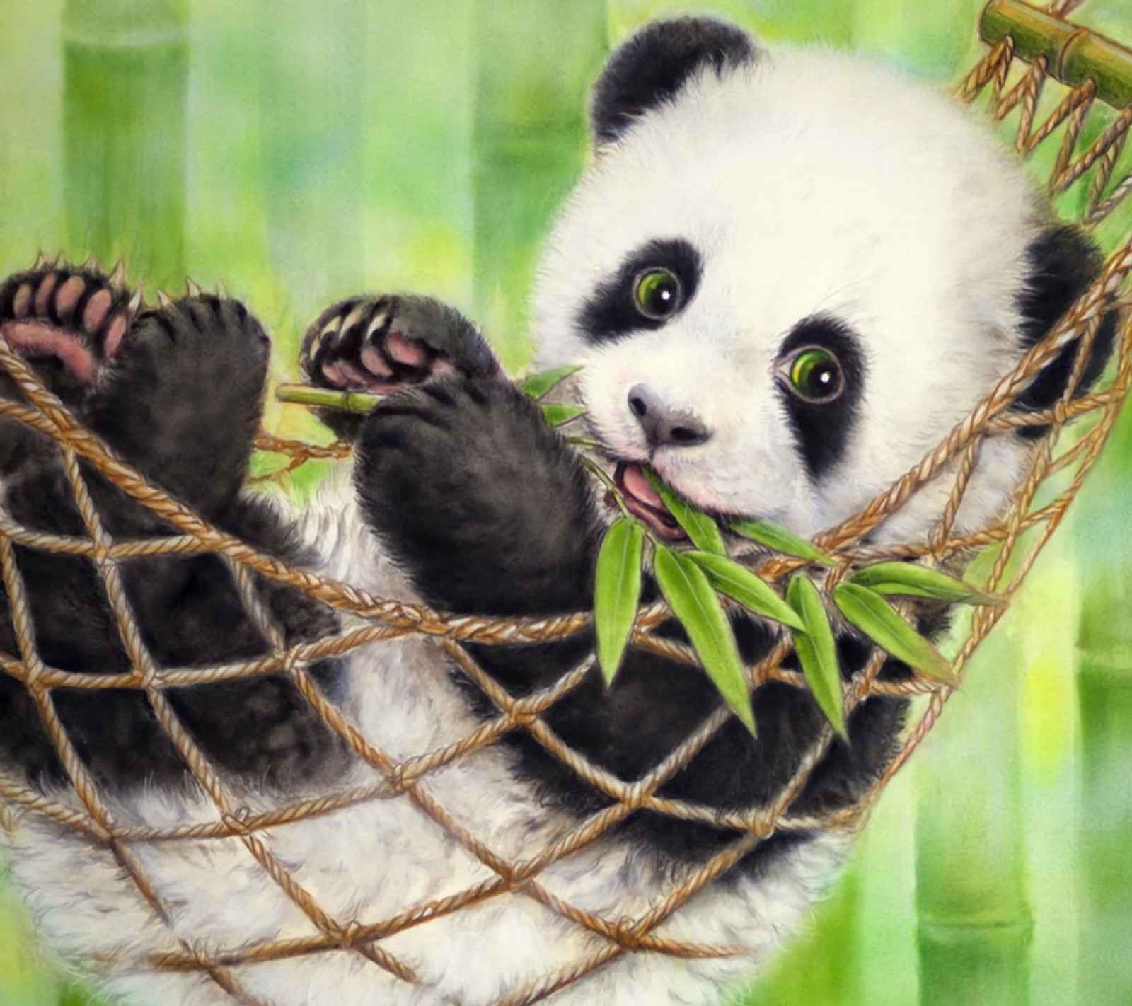 Painting of a panda bear in a hammock with a bamboo branch in its mouth (cute, hammock, leaf, panda)