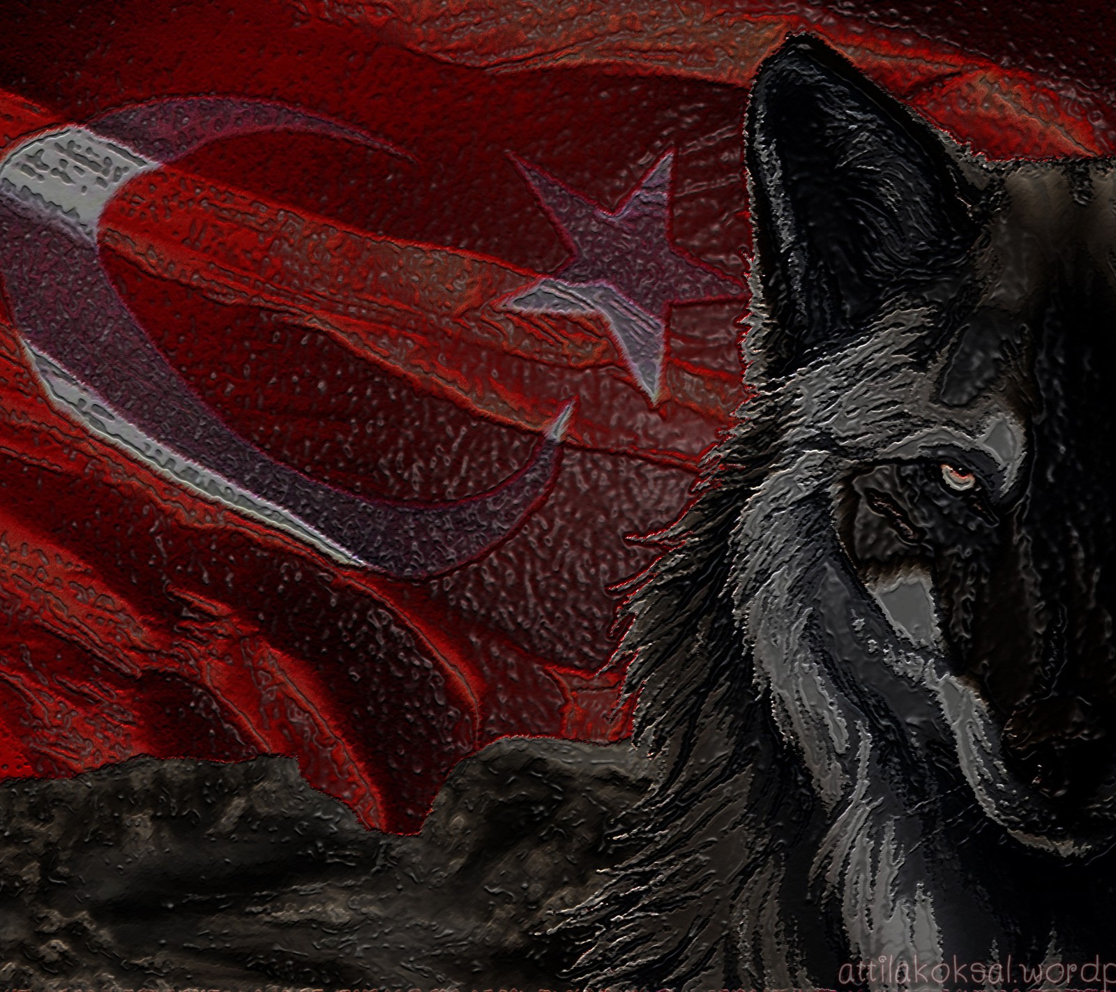 Pintura de um lobo negro com uma bandeira vermelha e uma bandeira vermelha (bozkurt, milli, turco)