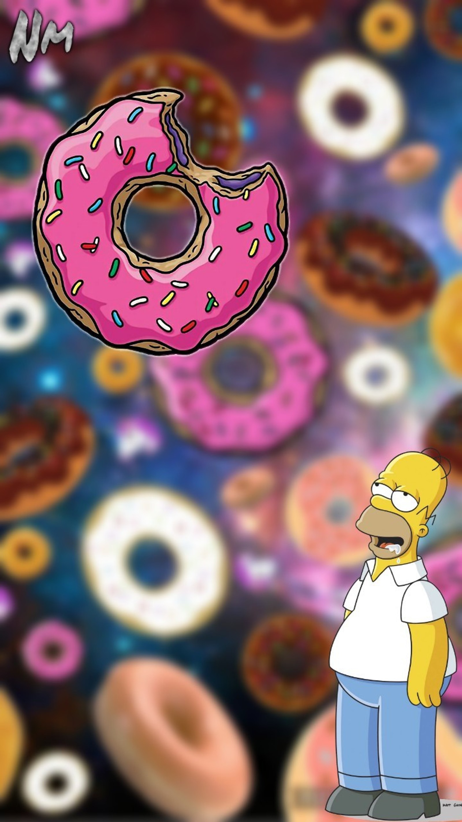 Donas de los simpson están en el aire con un hombre de pie frente a ellas (dona, donut, homero, los simpsons)