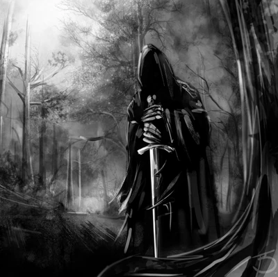 A mysterious figure in a dark cloak grips a sword, standing amidst a shadowy, fog-laden forest.