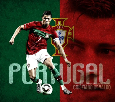 Cristiano Ronaldo en acción, representando a Portugal, contra un fondo de la bandera nacional.