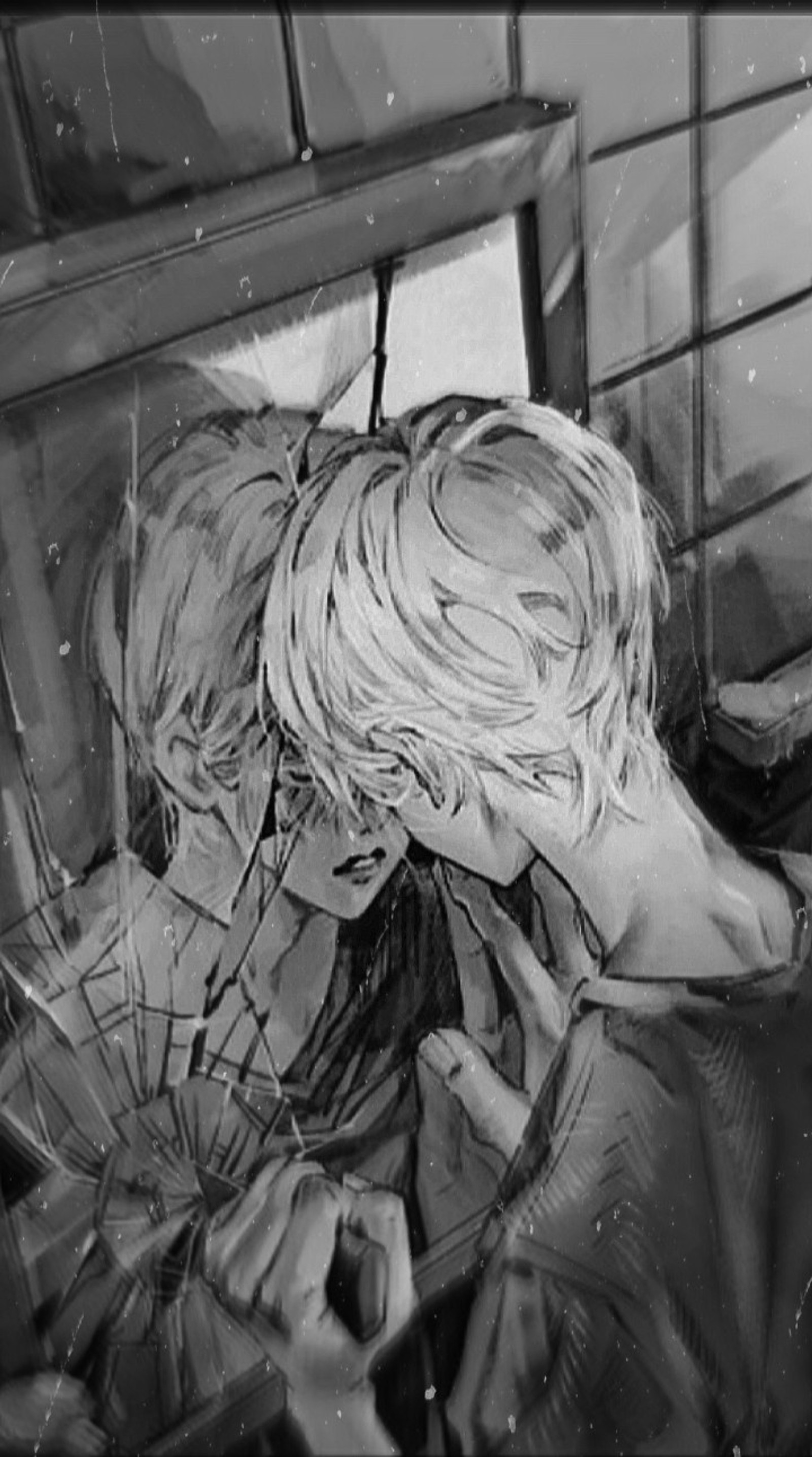 There is a black and white photo of a woman with a broken window (aesthetic, anime, anime boy, anime boys, depressed)