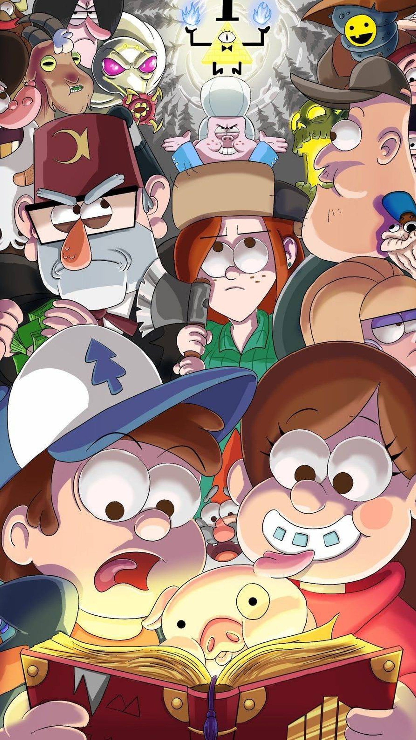 Una imagen de dibujos animados de un grupo de personas leyendo un libro (gravity falls, disney)