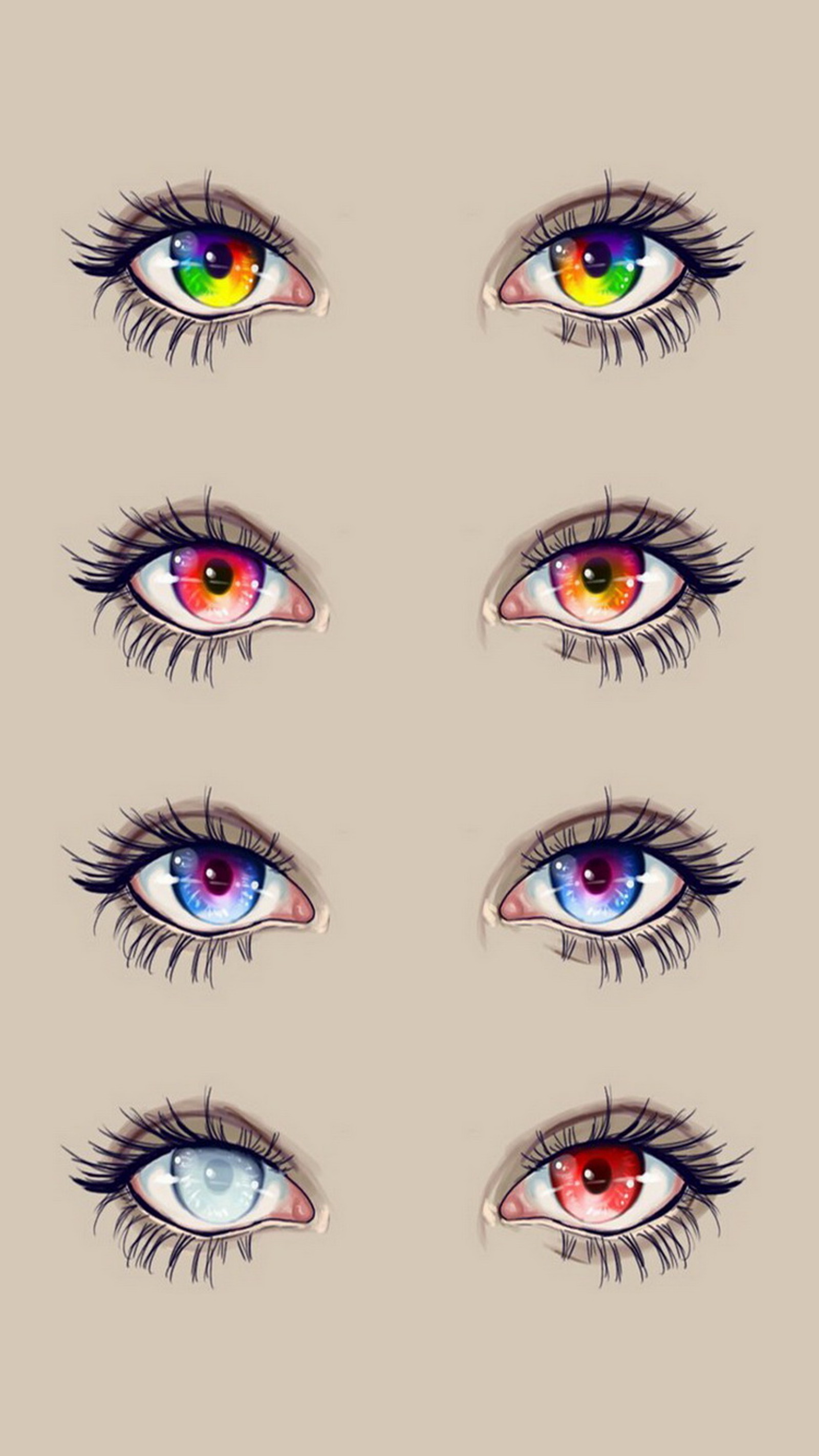 Un primer plano de un dibujo de ojos de diferentes colores (arte, colores, ojos)