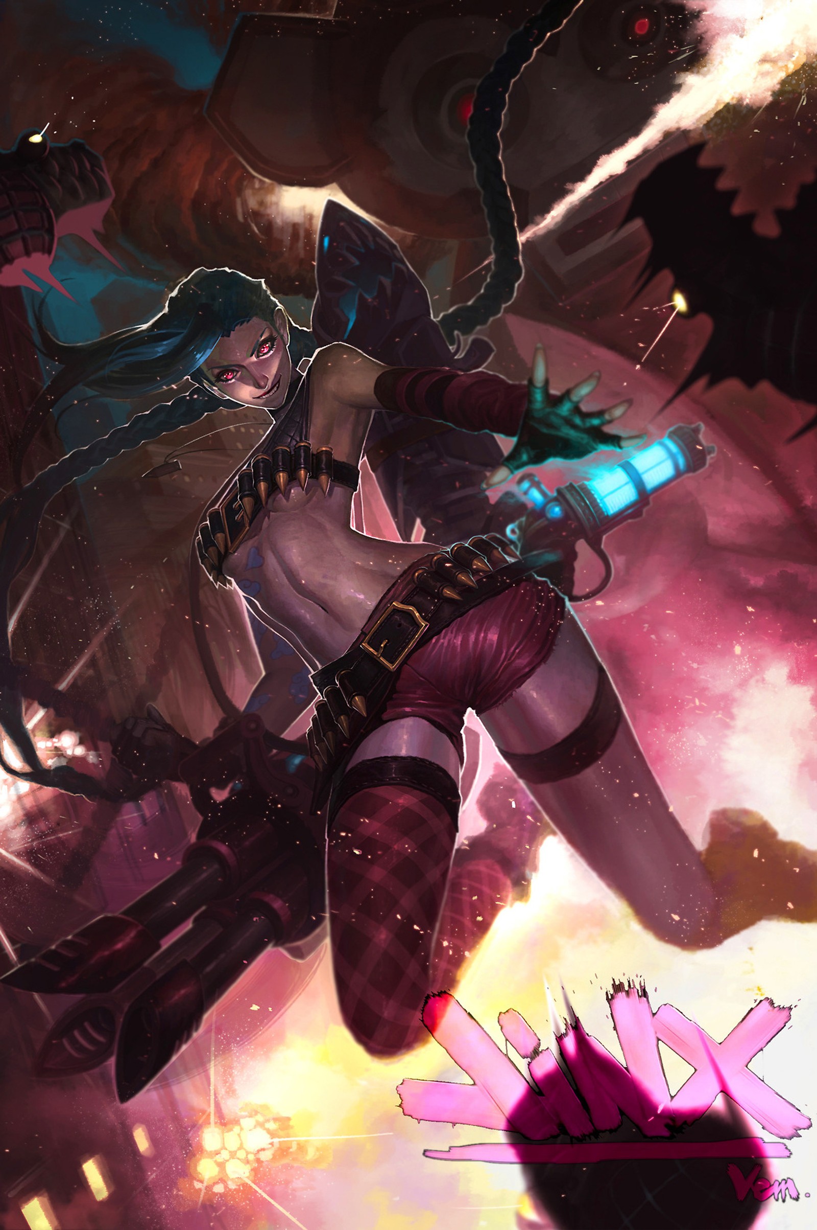 Chica de anime con un arma en la mano (jinx, league of legends, lol)